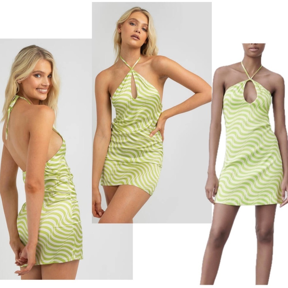 Zara Green white zebra animal print Halter mini Dress M peephole keyhole cutout